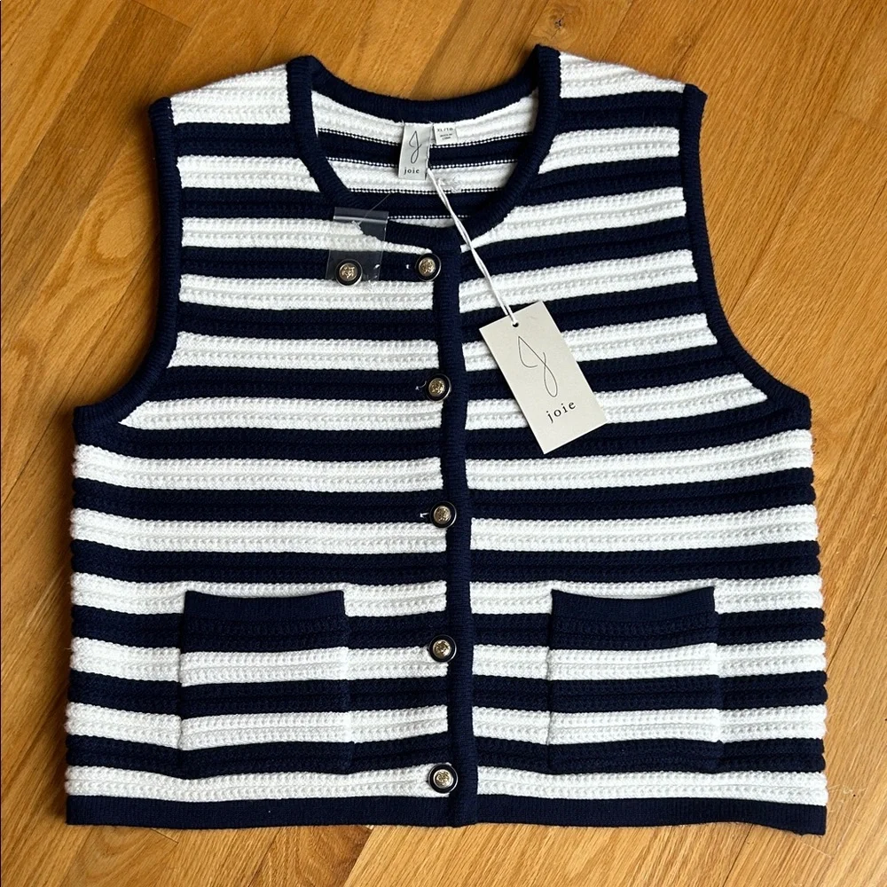 Joie Navy and White Striped Knit Button Front Vest - Picture 1 of 8